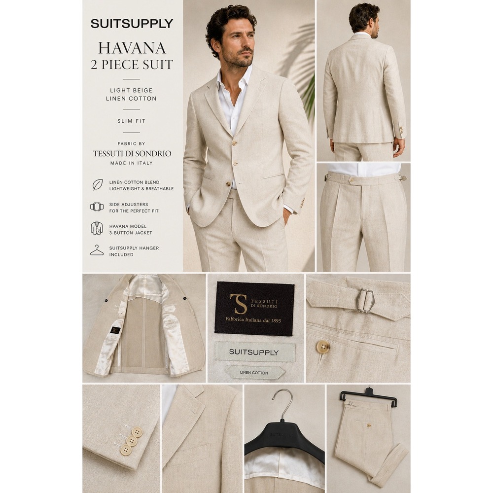 Suitsupply Havana Suit 42R 34 Beige Linen Cotton Slim Fit Italy